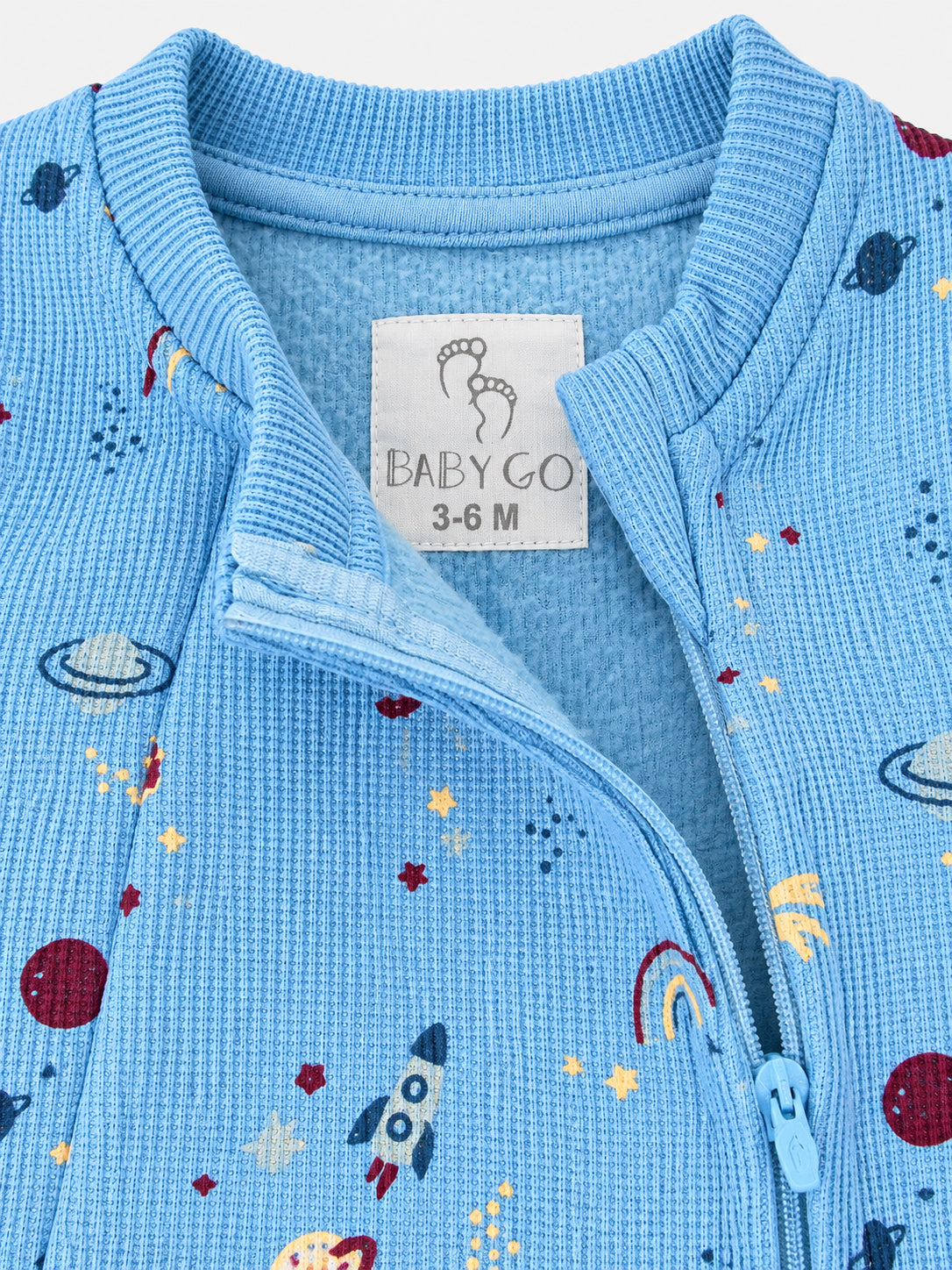 Cosmic Space Explorer Printed Waffle Knit Full Sleeve Romper for Boys - Sky Blue