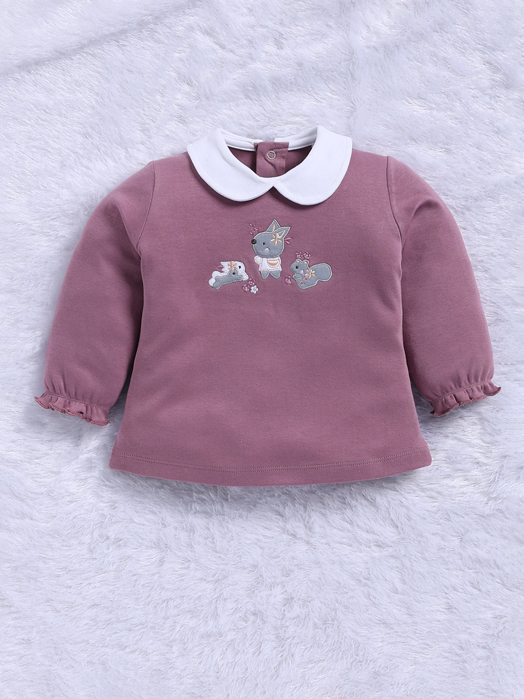 Top & Bottom for Girls - Mauve Animal Embroidered Top & Printed Trousers Set