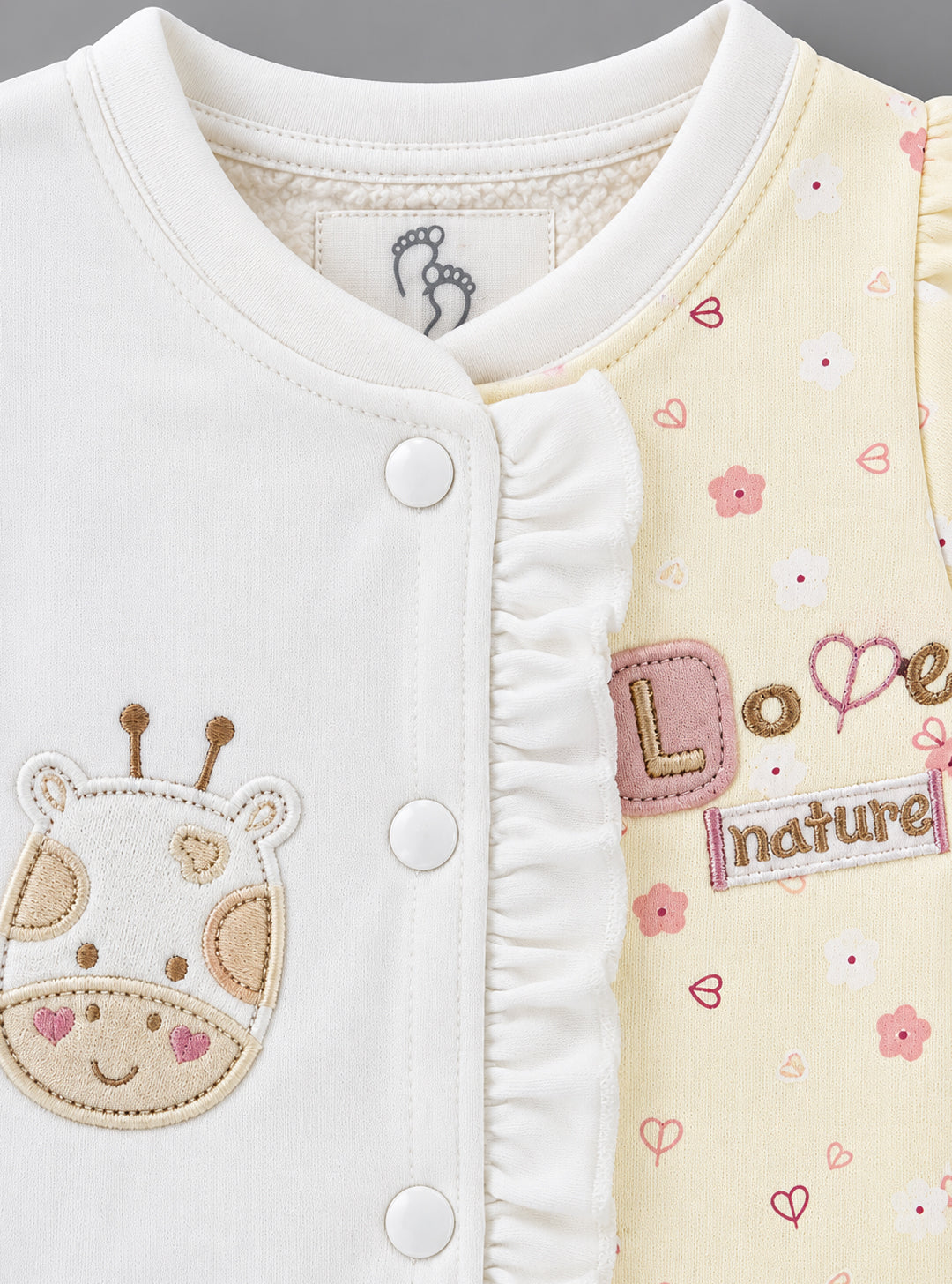 Love Nature Giraffe Embroidered Ruffled Full Sleeve Romper for Girls - White & Light Yellow