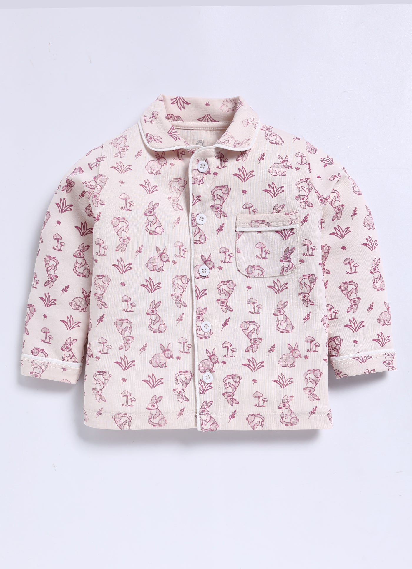 Full-Sleeve Nightsuits for Girls - Cream Rabbits and Mushrooms