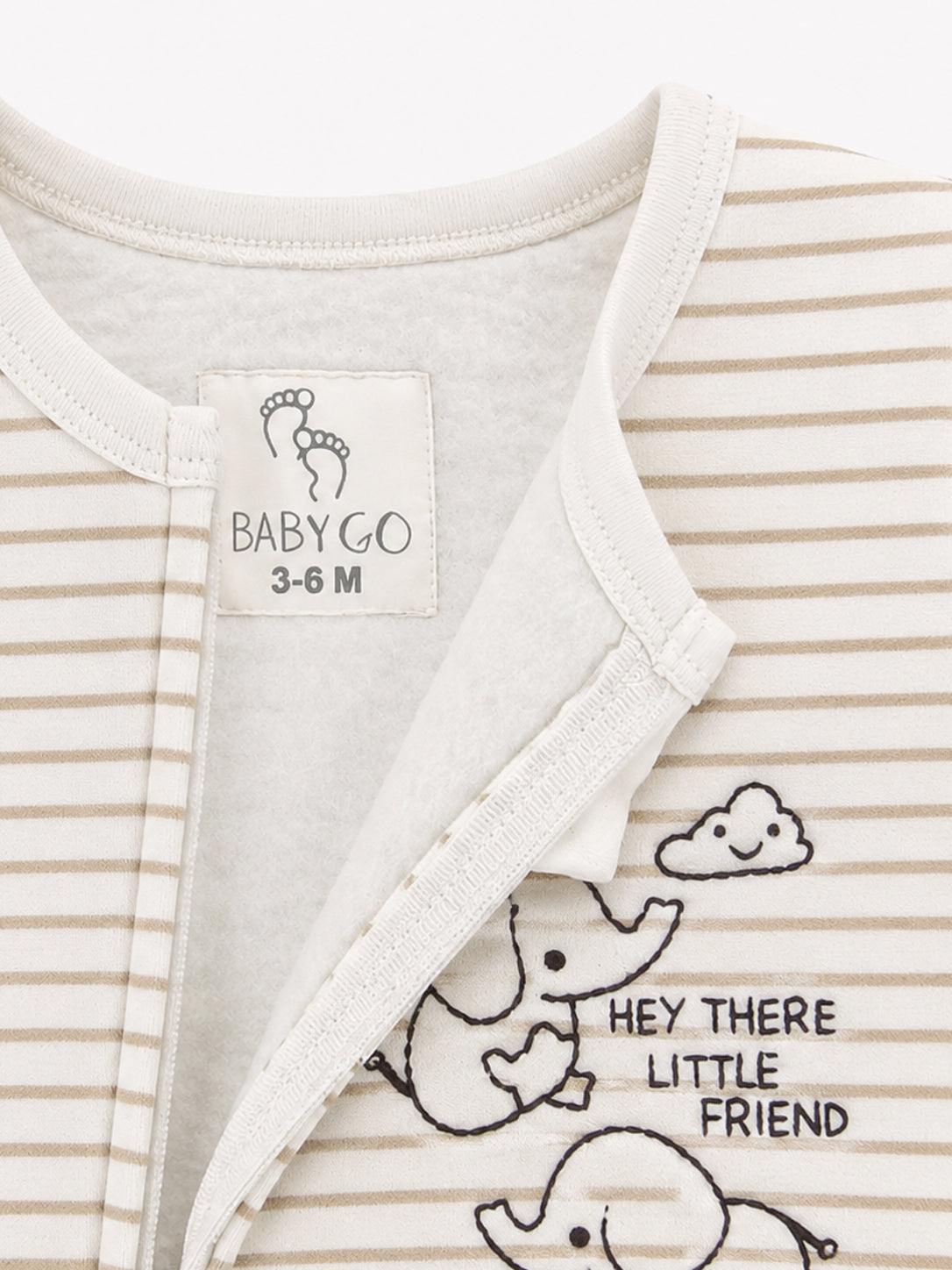 Little Friend Elephant Striped Zippered Full Sleeve Romper for Boys - Beige & White