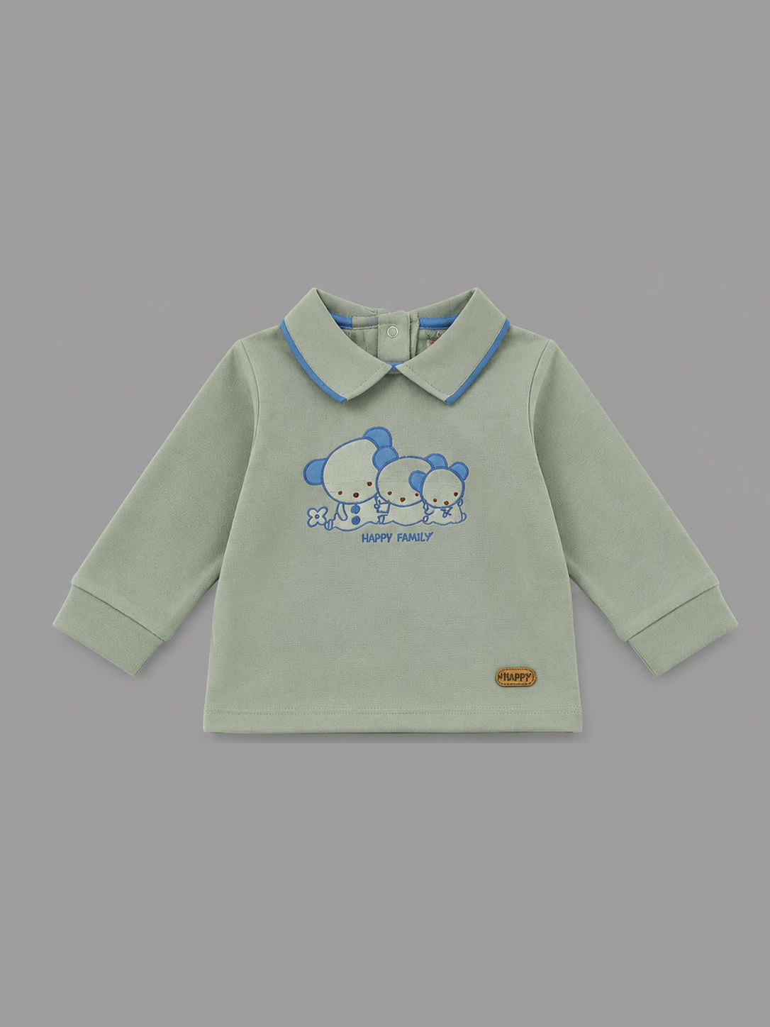 Happy Family Bear Embroidered Collared Full Sleeve Top and Bottom for Boys - Sage & Blue