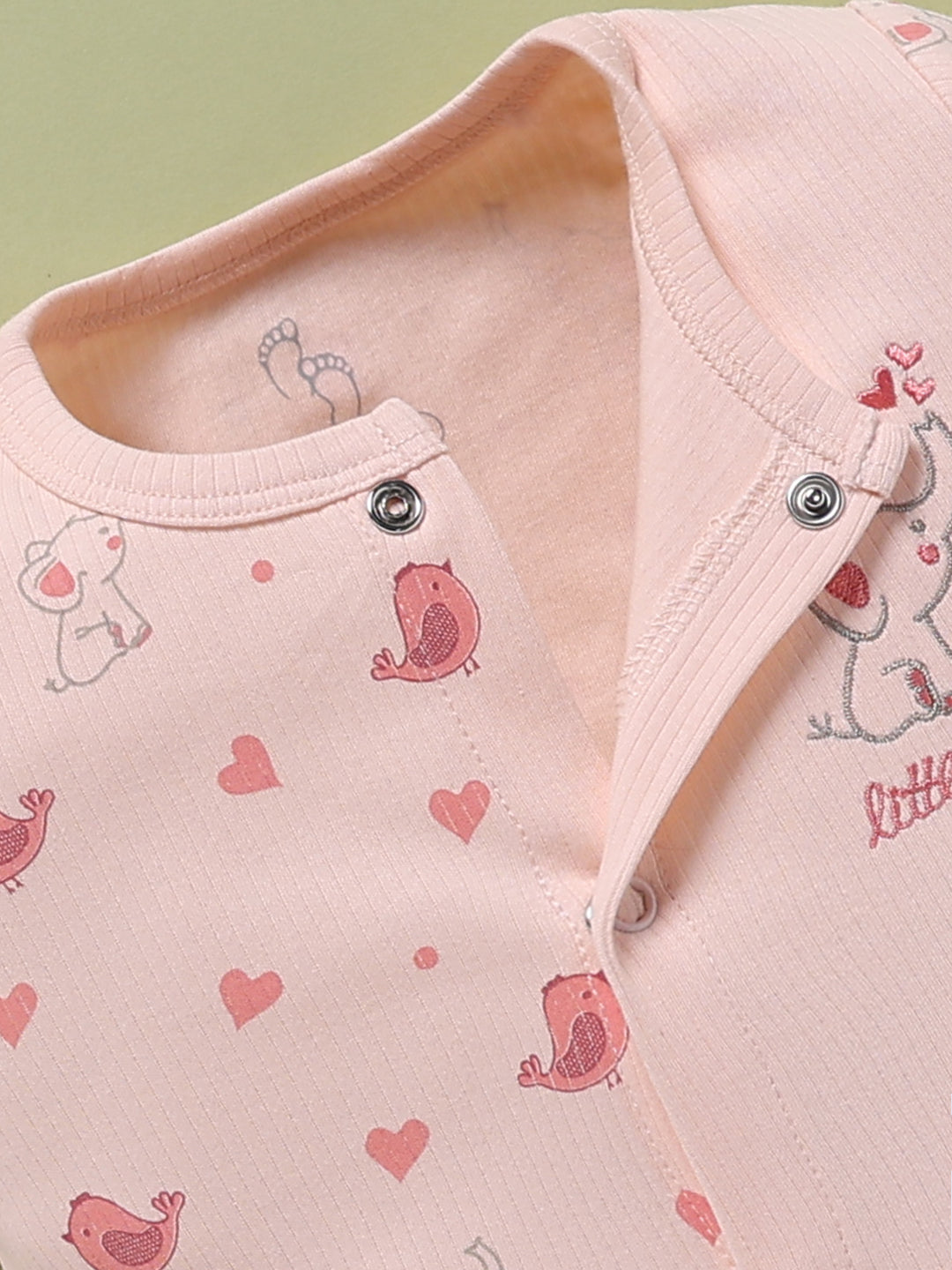 Full Sleeve Romper for Girls – Baby Pink Elephant & Bird Printed
