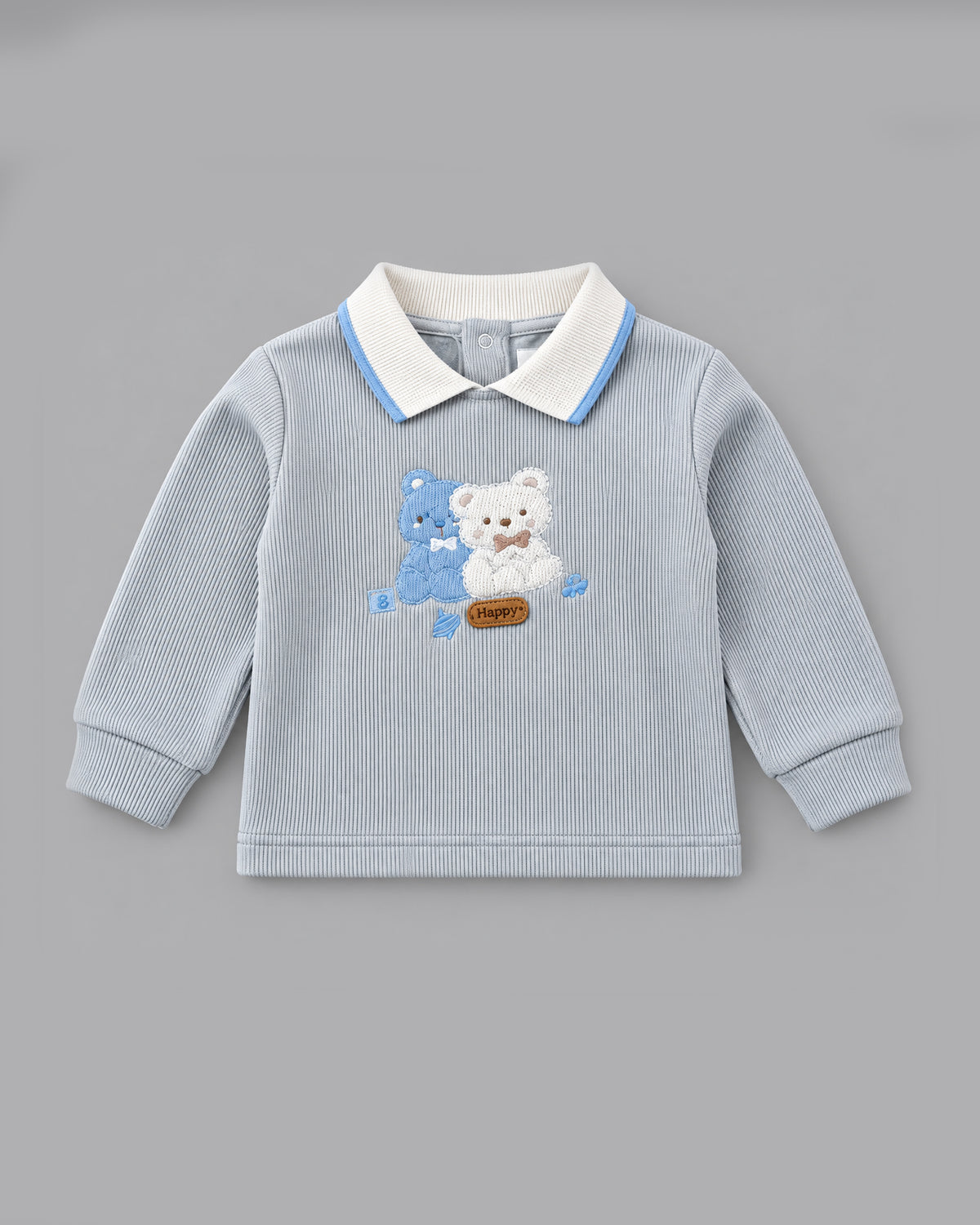 Double Teddy Embroidered Collared Waffle Knit Full Sleeve Top and Bottom for Boys - Grey & Sky Blue