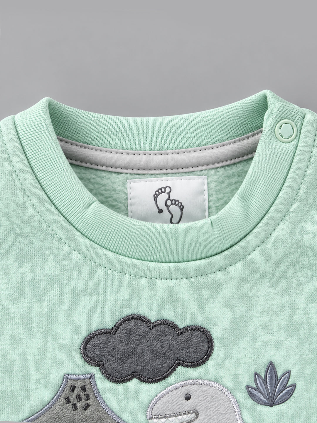 Saurus Dinosaur Embroidered Footed Full Sleeve Romper for Boys - Mint & Olive Green