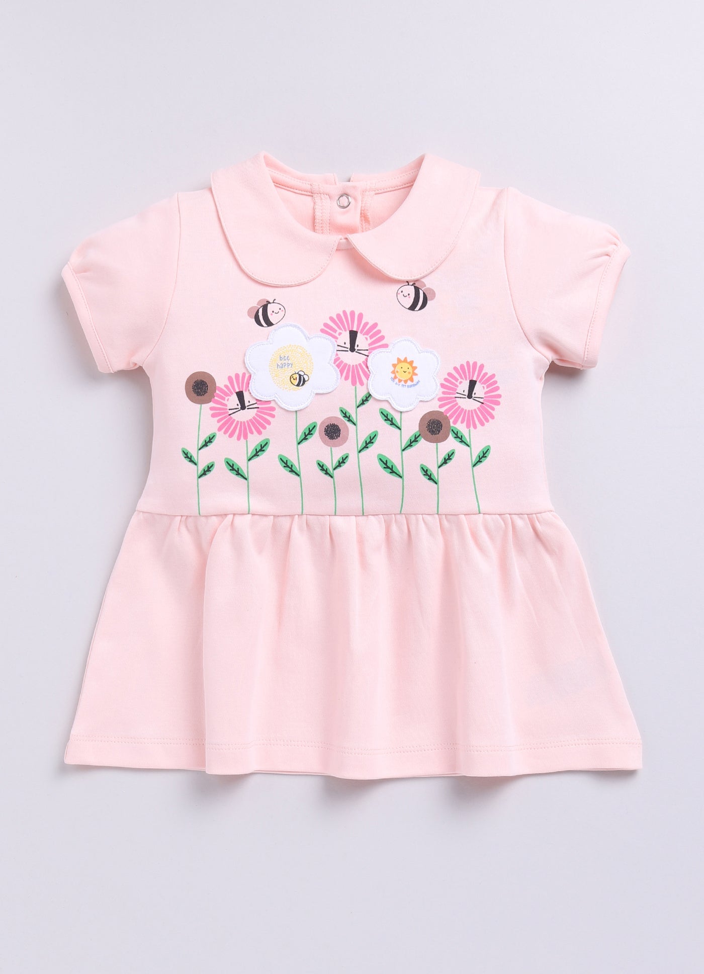 Baby Girl Peter Pan Collar Dress with Flowers & Bees-PINK