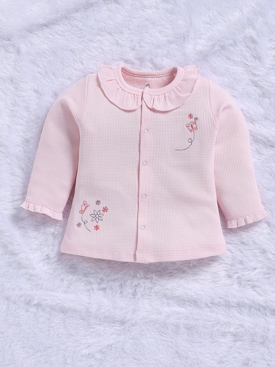 Top & Bottom for Girls - Baby Pink Butterfly Embroidered Waffle Top & Printed Trousers Set