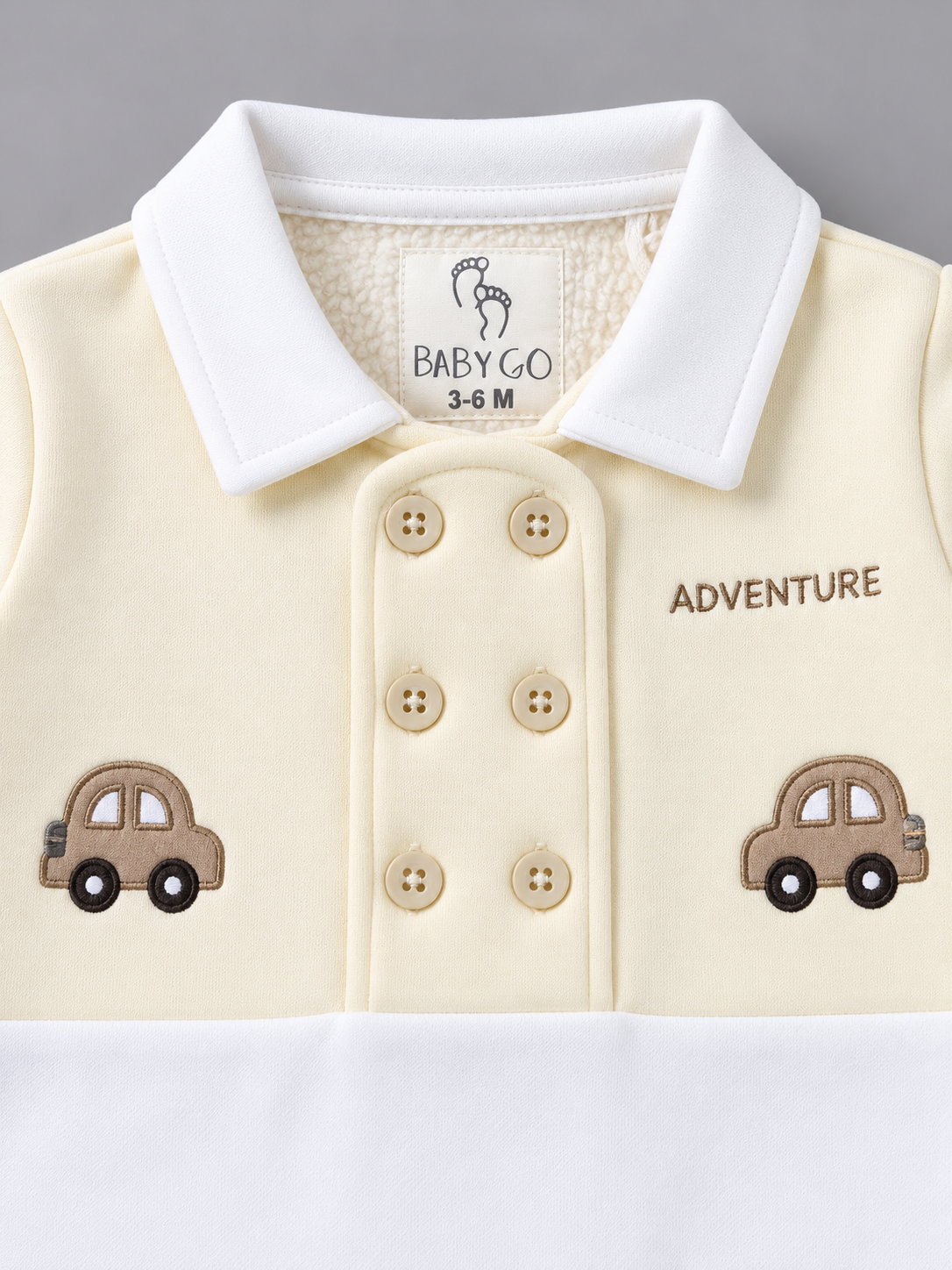 Little Adventure Car Embroidered Double-Breasted Full Sleeve Romper for Boys - Cream & White
