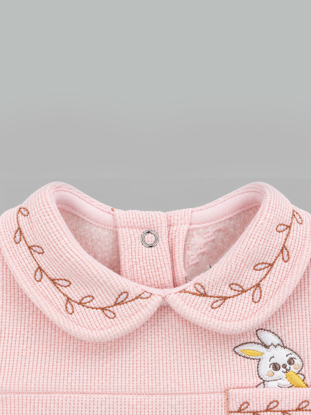 Bunny & Carrot Pocket Collared Waffle Knit Full Sleeve Romper for Girls - Pink