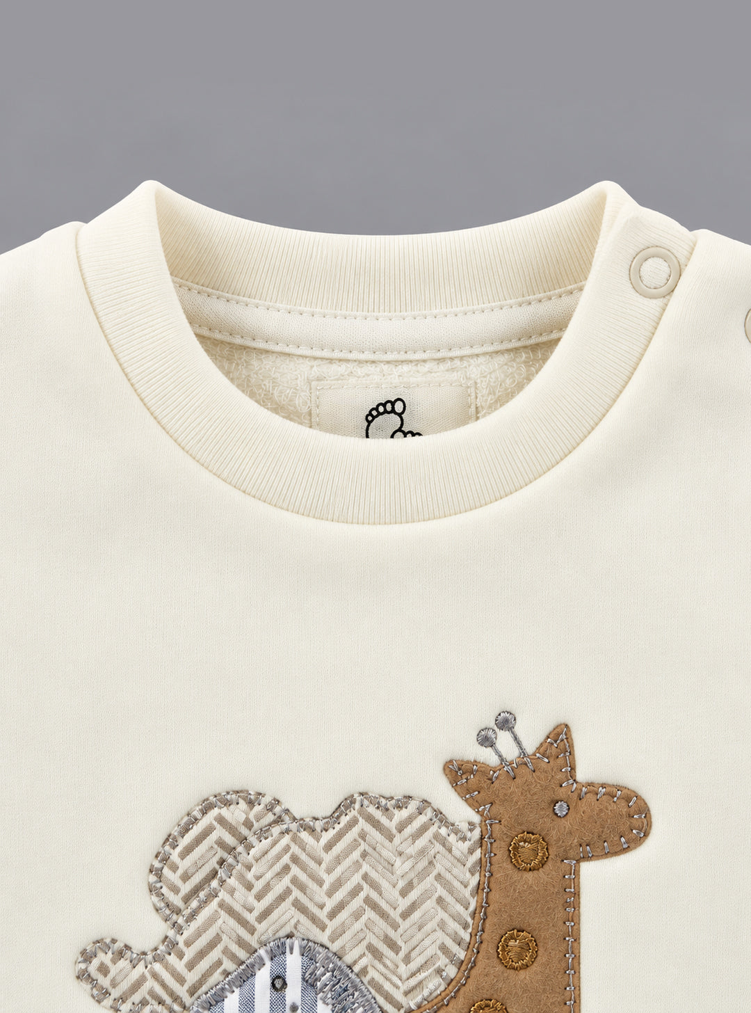 Safari Animal Embroidered Fleece-Lined Full Sleeve Top and Bottom for Boys - Off-White