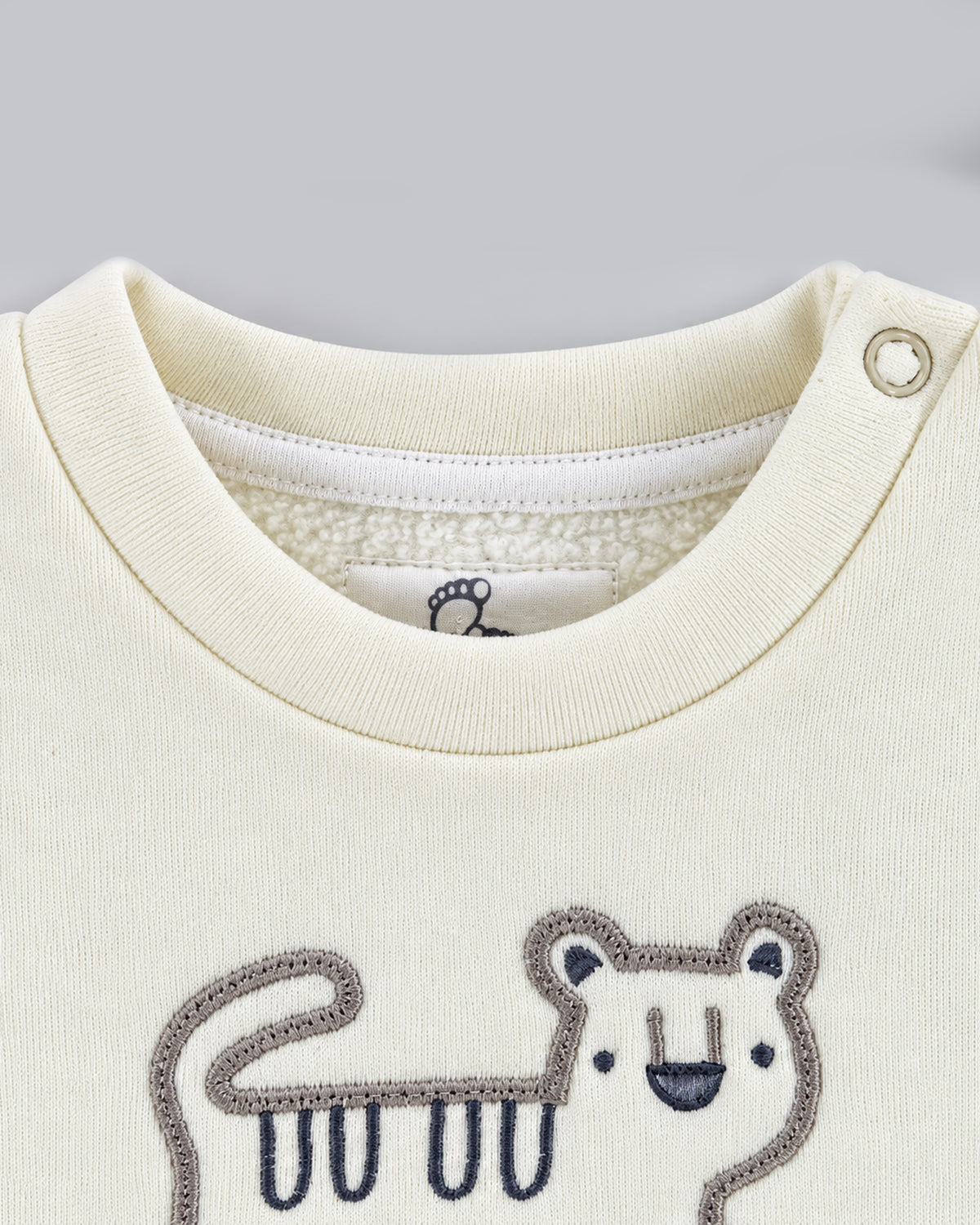 Little Roar Animal Printed Fleece-Lined Knee-Patched Full Sleeve Top and Bottom for Boys - Off-White & Beige