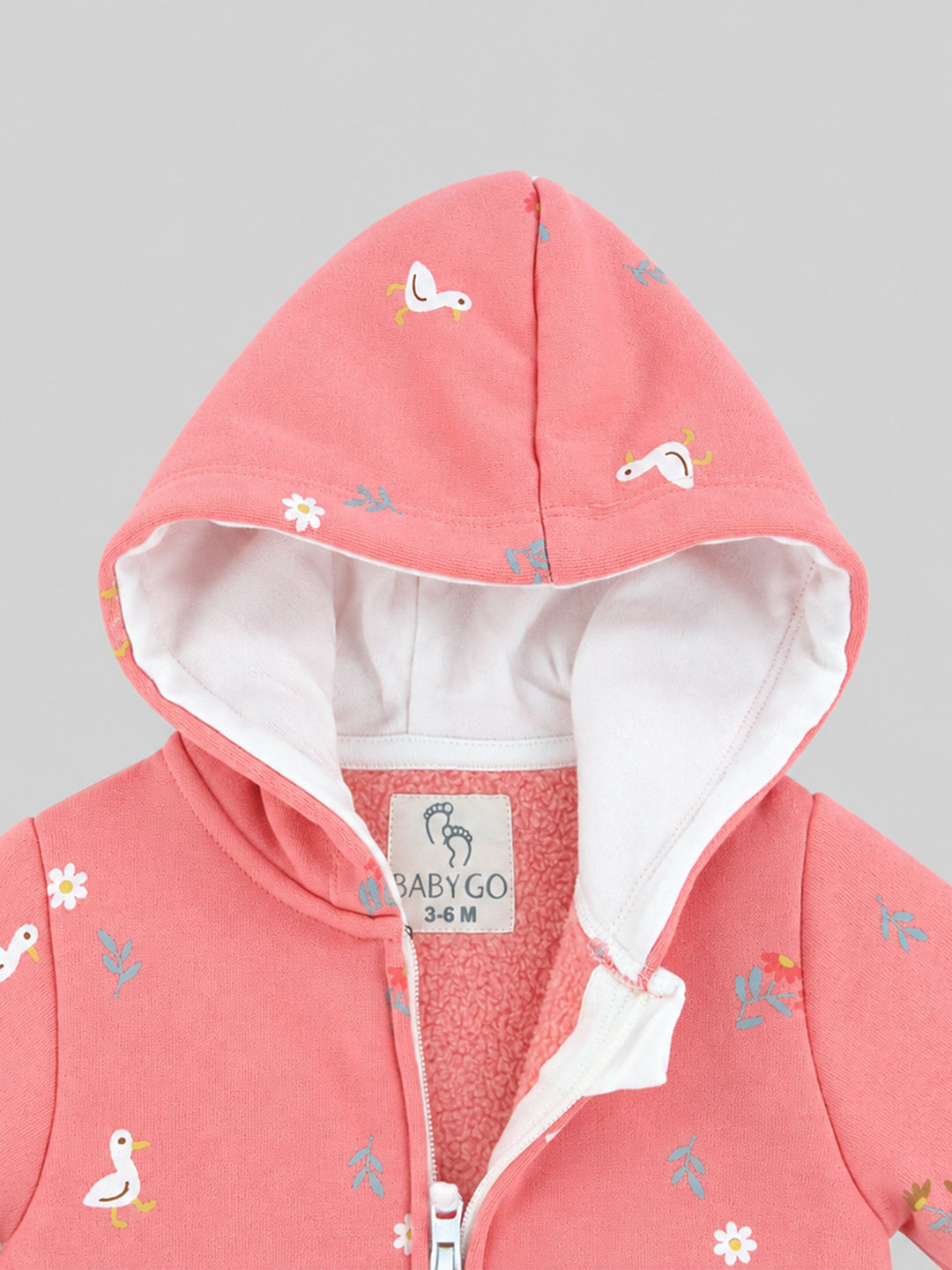 Floral Duck Printed Hooded Fleece-Lined Full Sleeve Romper for Girls - Coral Pink