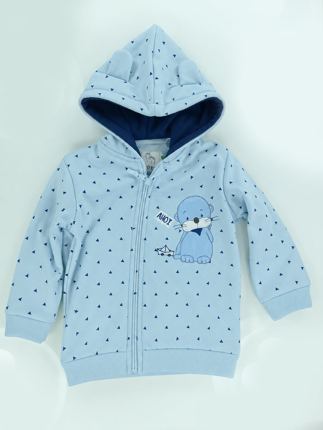 Seal Printed Ear-Detailed Hooded Full Sleeve Top and Bottom for Boys - Sky Blue