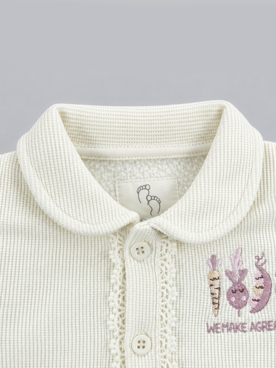 Veggie Embroidered Waffle Knit Full Sleeve Romper for Girls - Off-White & Lavender