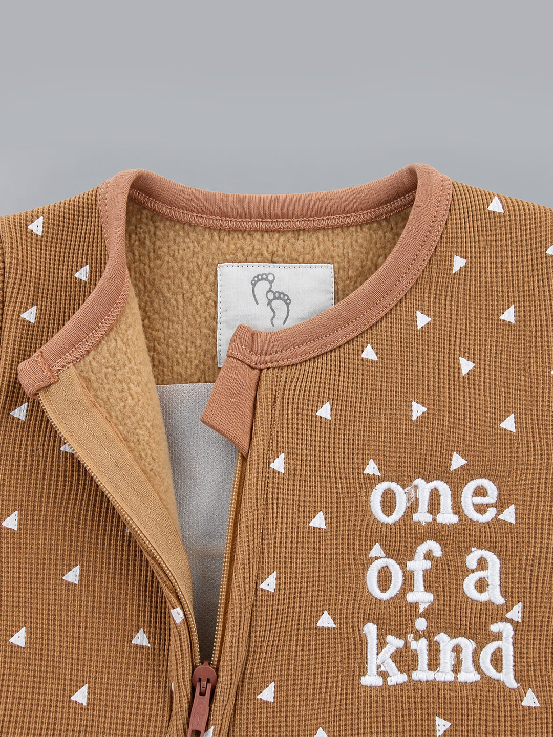One of a Kind Geometric Printed Fleece-Lined Full Sleeve Romper for Boys - Warm Brown