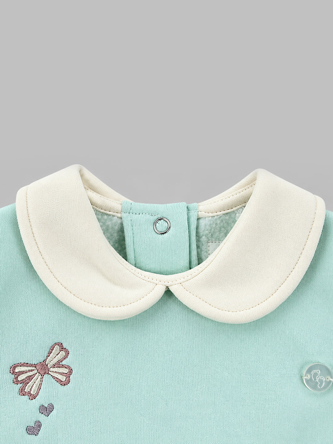 Hearts Embroidered Collared Fleece-Lined Full Sleeve Romper for Girls - Mint Green