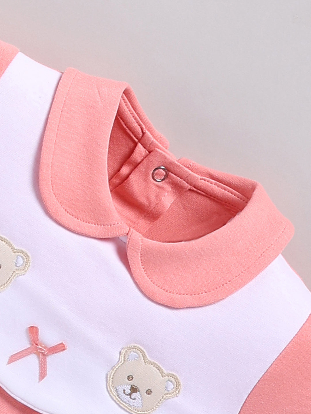 Full Sleeve Romper for Girls – Coral Pink Teddy Bear & Bow Embroidered