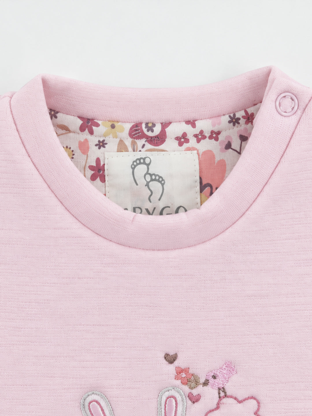 Bow-Accented Bunny Embroidered Footed Full Sleeve Romper for Girls - Light Pink