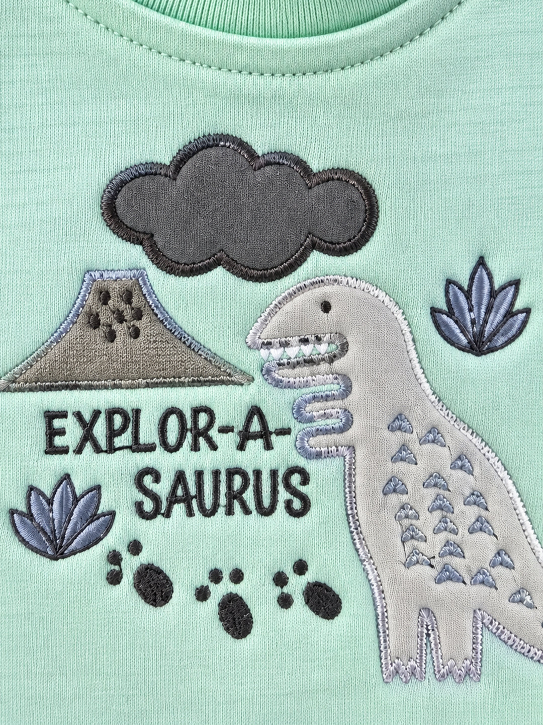 Saurus Dinosaur Embroidered Footed Full Sleeve Romper for Boys - Mint & Olive Green