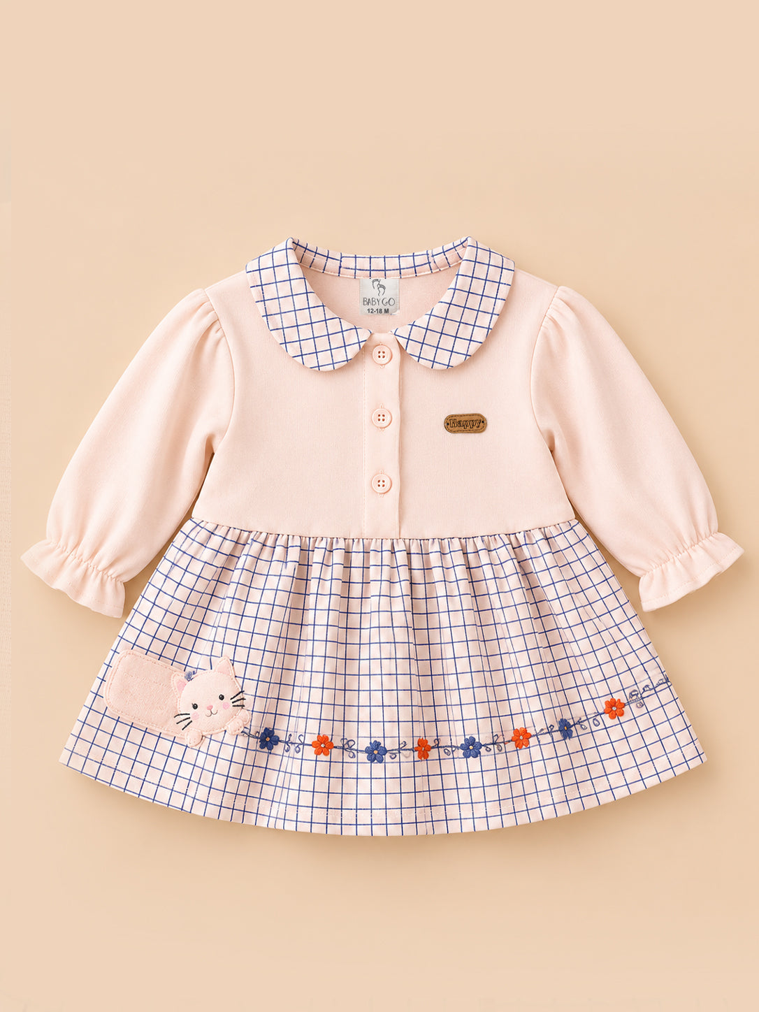 Grid Printed Collared Fleece-Lined Full Sleeve Top and Bottom for Girls - Light Pink & Blue