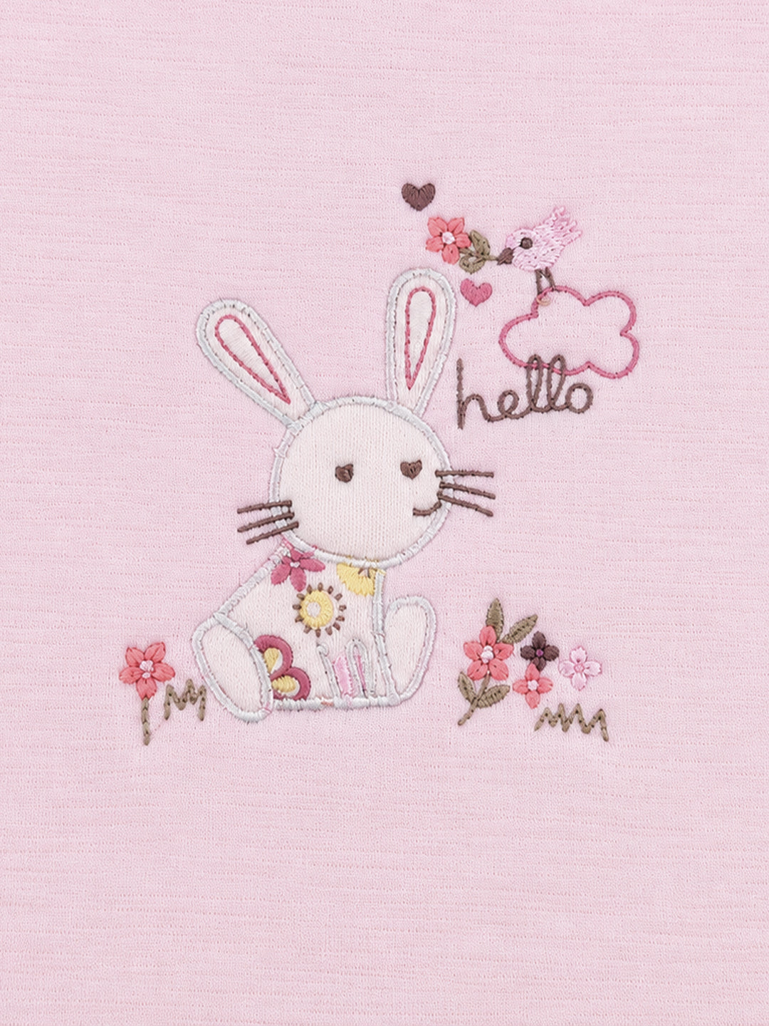Bow-Accented Bunny Embroidered Footed Full Sleeve Romper for Girls - Light Pink
