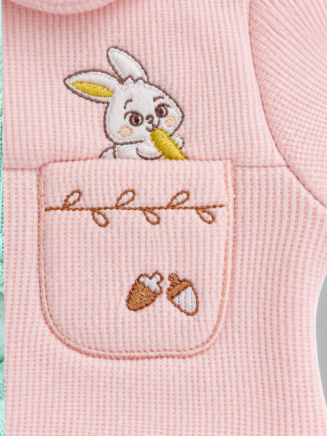Bunny & Carrot Pocket Collared Waffle Knit Full Sleeve Romper for Girls - Pink