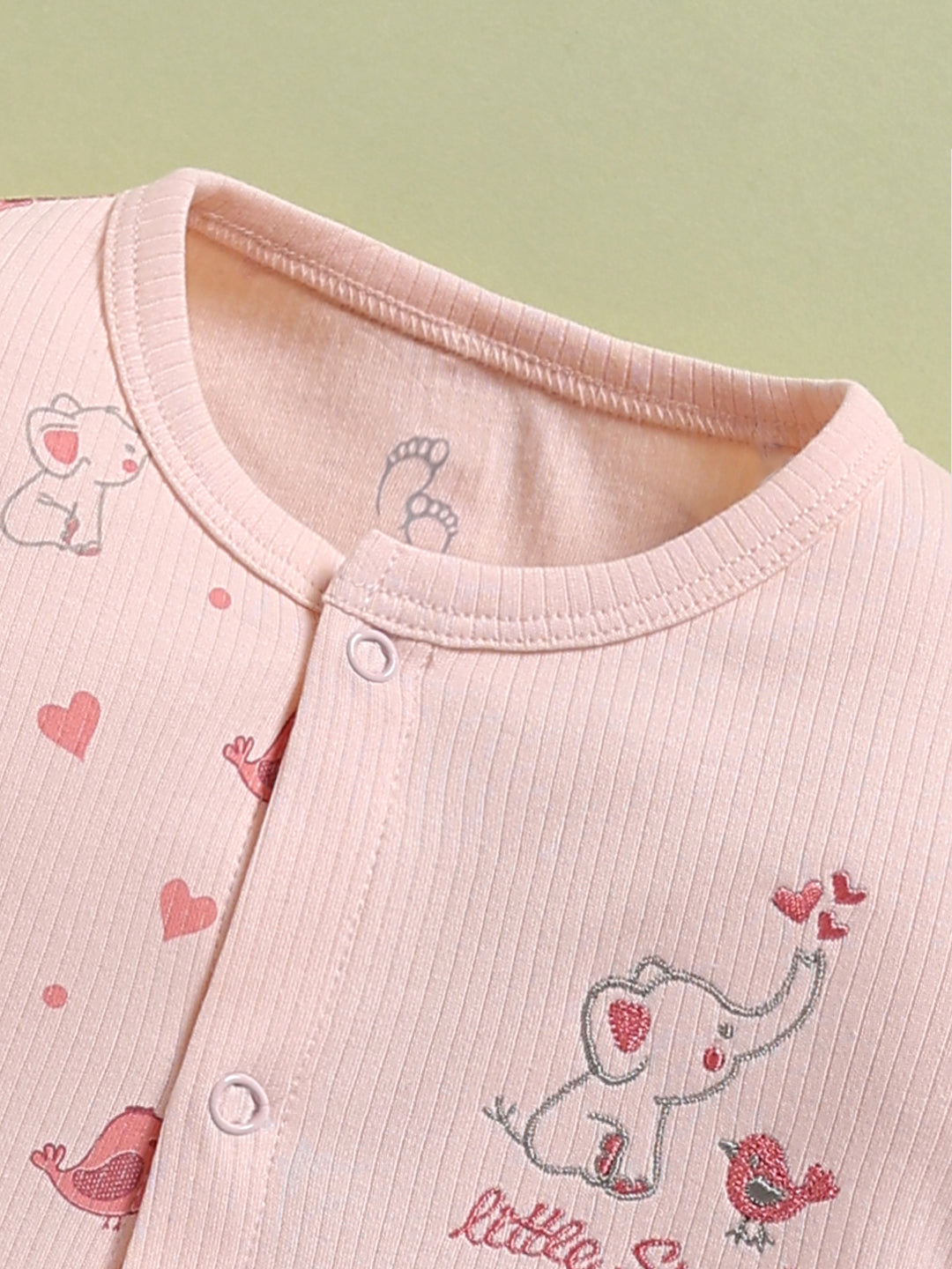 Full Sleeve Romper for Girls – Baby Pink Elephant & Bird Printed