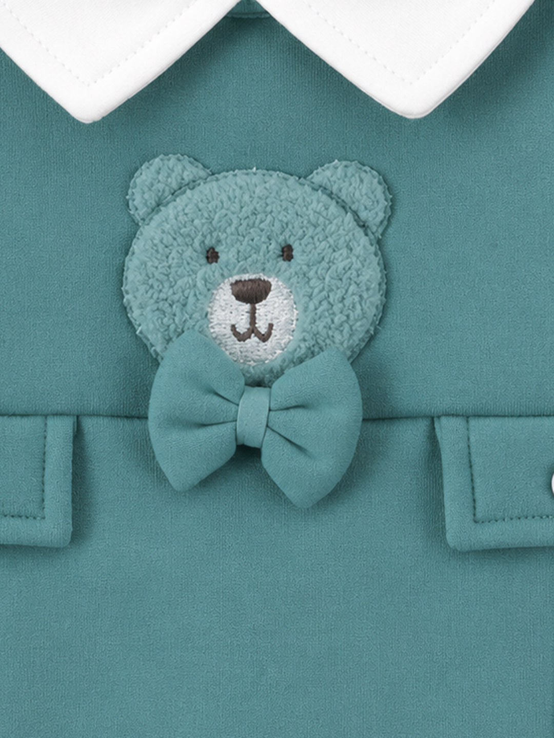 Teddy Bear Collared Full Sleeve Romper for Boys - Teal & White