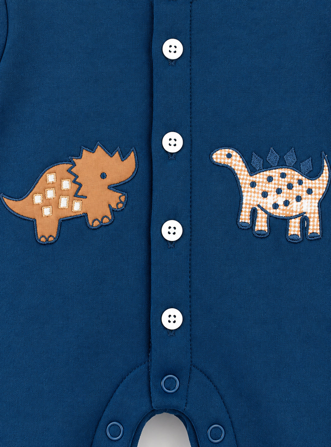 Dino Explorer Embroidered Fleece-Lined Full Sleeve Romper for Boys - Navy Blue