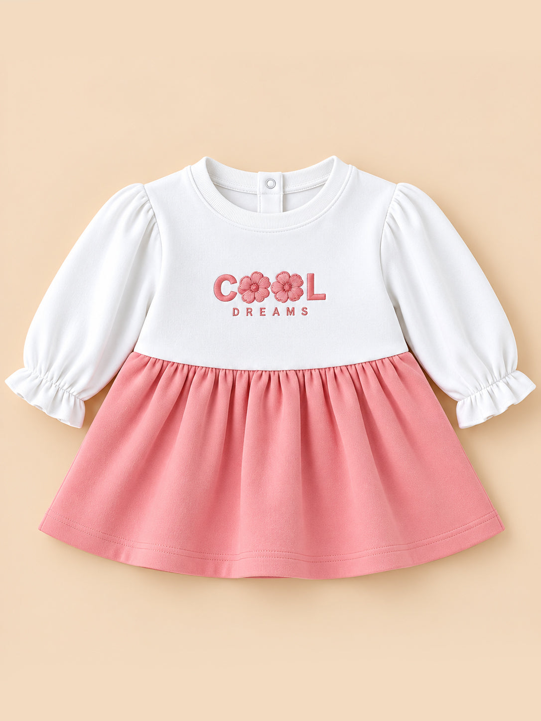 Cool Dreams Floral Lettered Color-Blocked Full Sleeve Top and Bottom for Girls - White & Pink