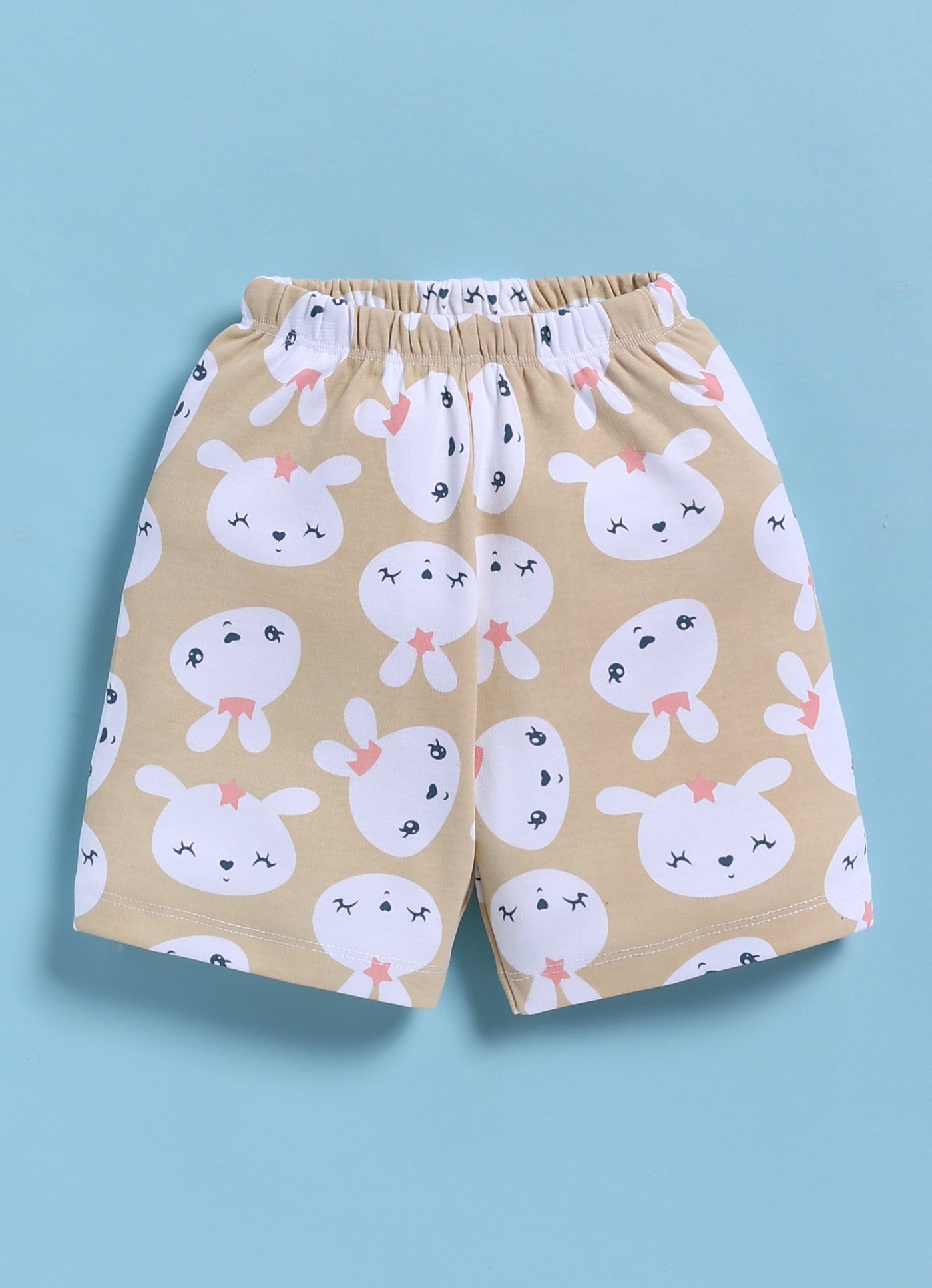 Half-Sleeve Top & Bottom For Girls - Beige Happy Bunny