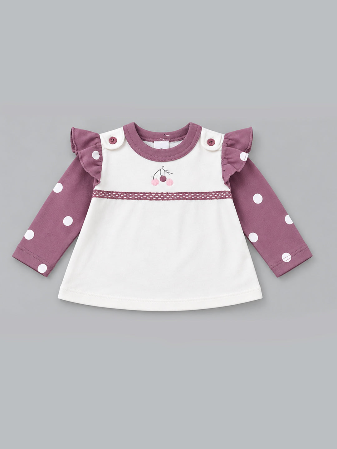 Cherry Embroidered Ruffled Polka Dot Full Sleeve Top and Bottom for Girls - Off-White & Mauve