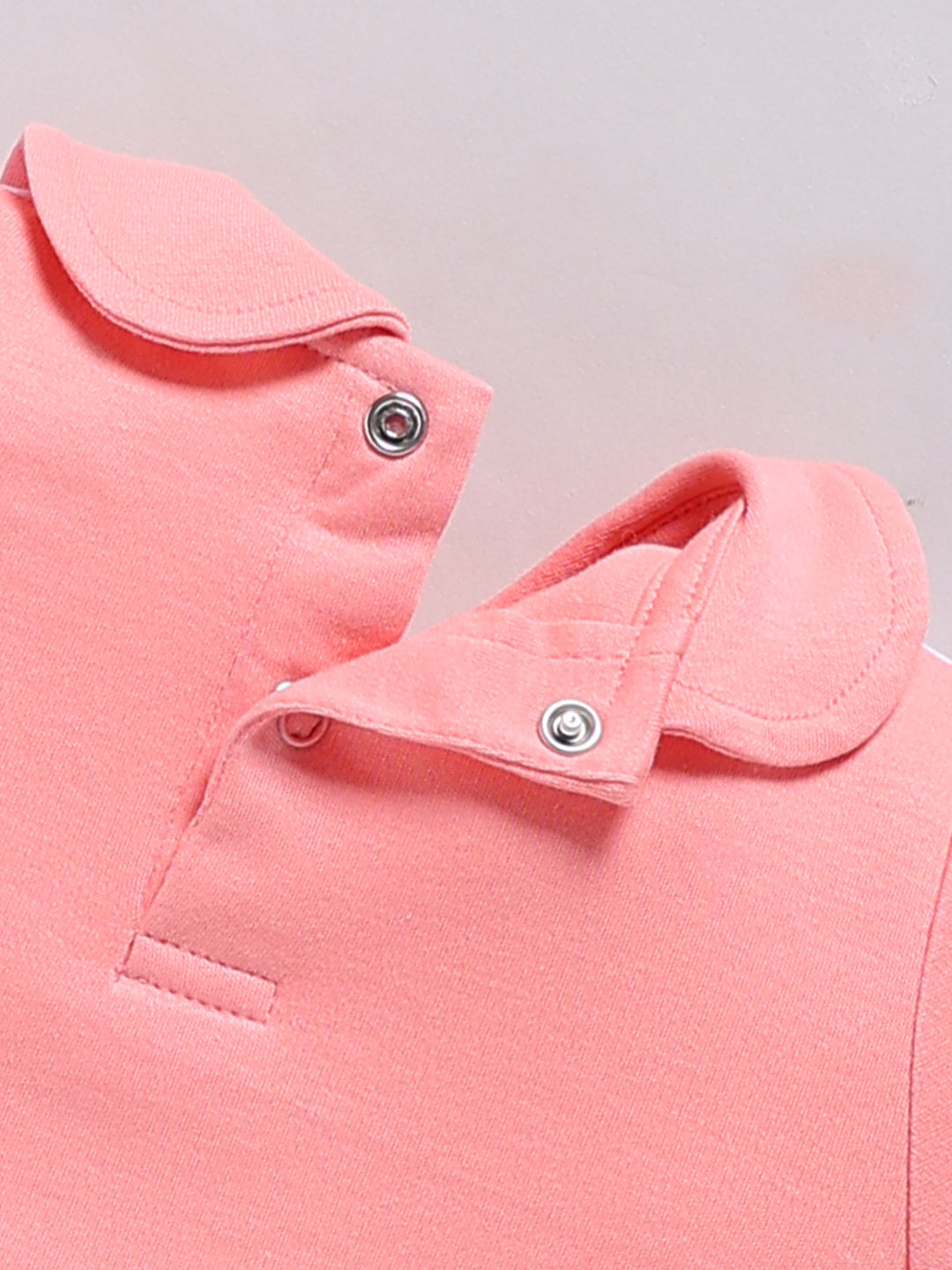 Full Sleeve Romper for Girls – Coral Pink Teddy Bear & Bow Embroidered