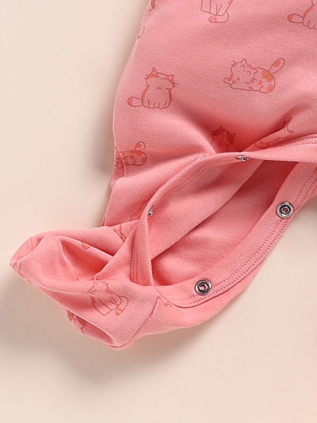 Full Sleeve Romper for Girls - Peach Pink Cute Cat with Hood