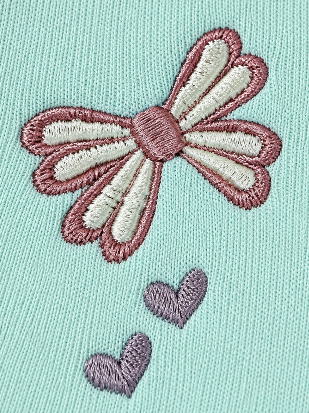 Hearts Embroidered Collared Fleece-Lined Full Sleeve Romper for Girls - Mint Green