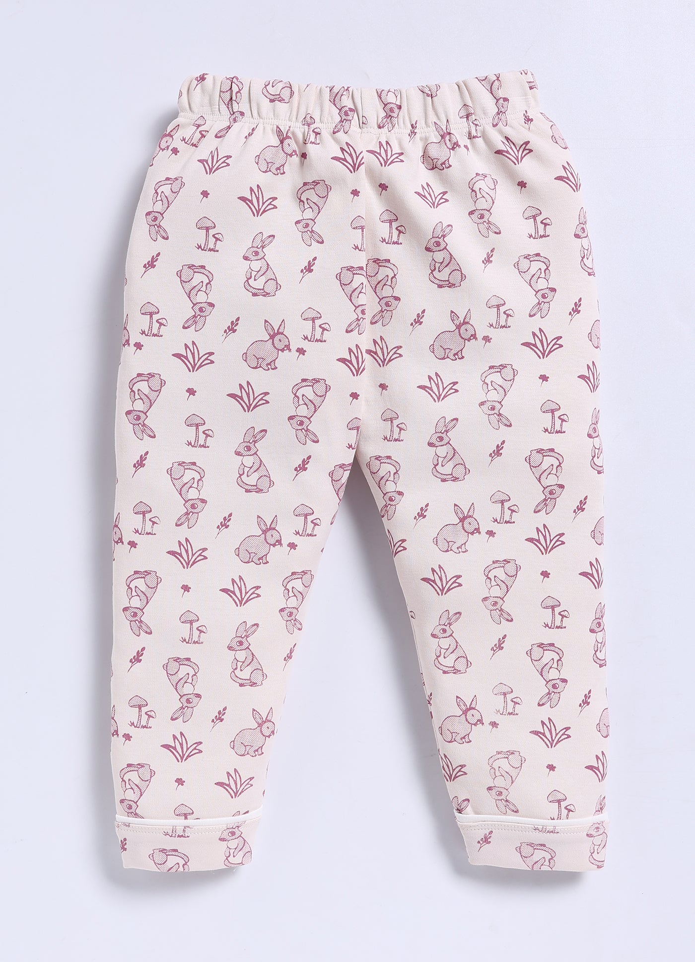 Full-Sleeve Nightsuits for Girls - Cream Rabbits and Mushrooms