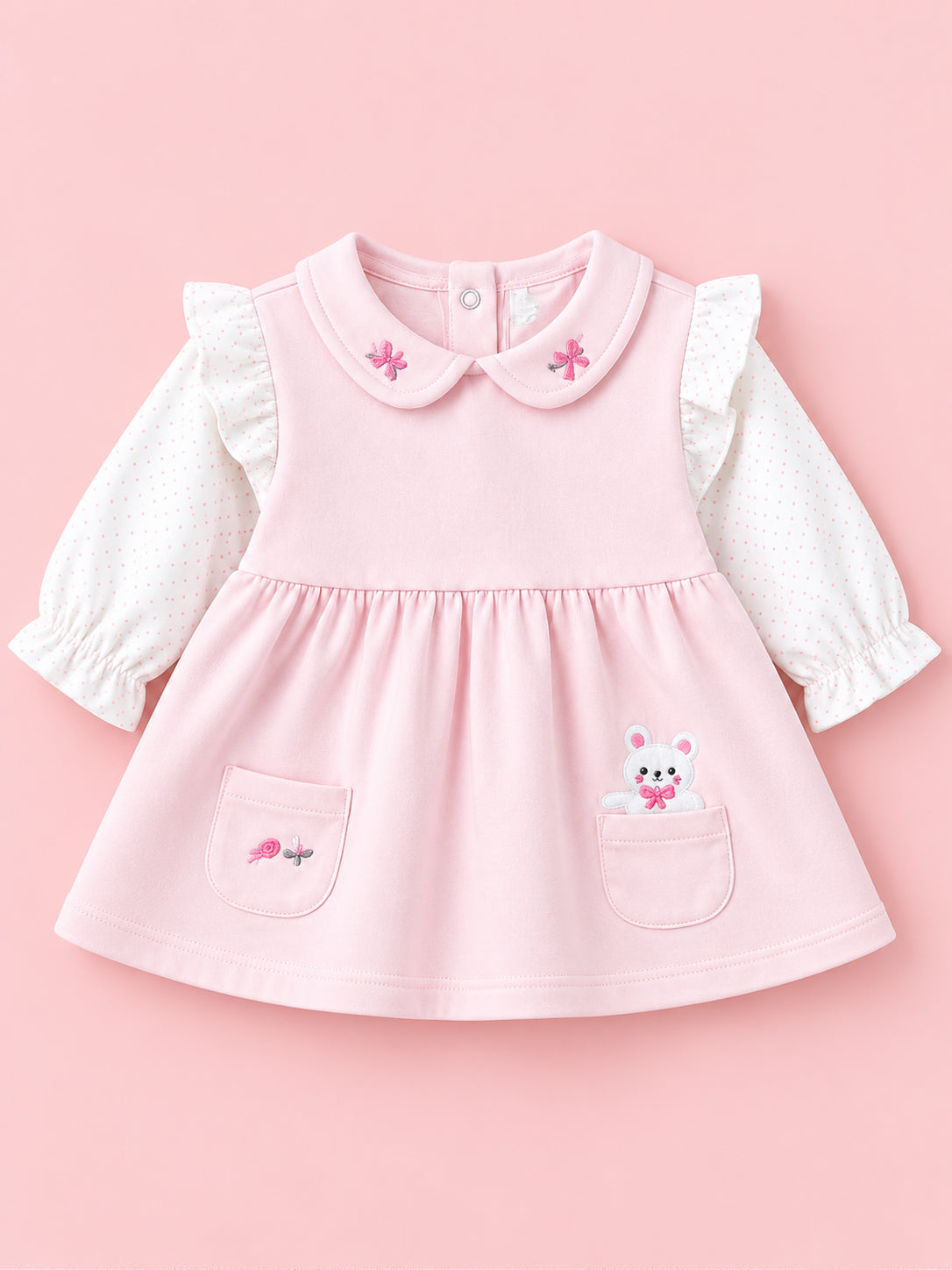 Bunny Bear Pocket Collared Polka Dot Full Sleeve Top and Bottom for Girls - Soft Pink & Off-White