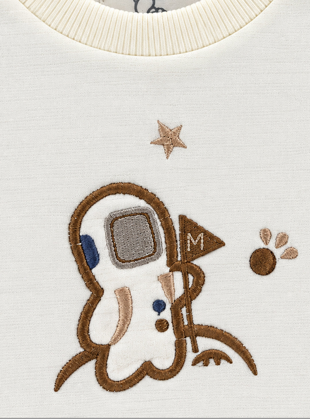 Little Astronaut Embroidered Footed Full Sleeve Romper for Boys - Cream & Beige