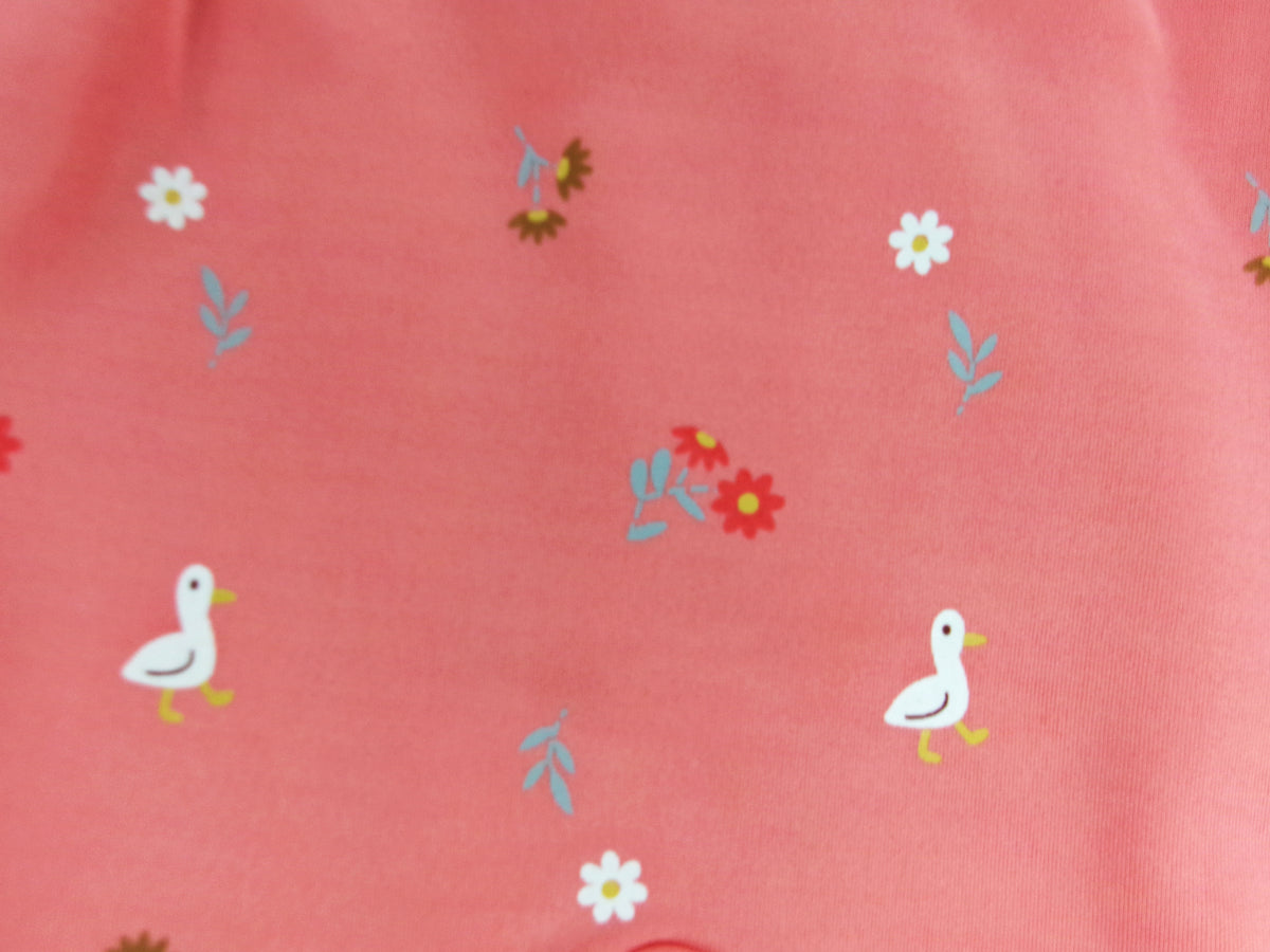 Floral Duck Printed Hooded Fleece-Lined Full Sleeve Romper for Girls - Coral Pink
