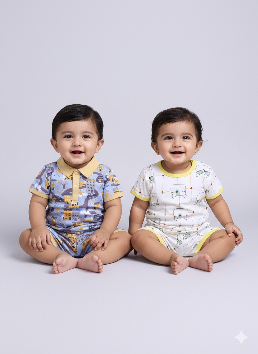Half Sleeve Top & Bottom for Boys - Yellow & Green