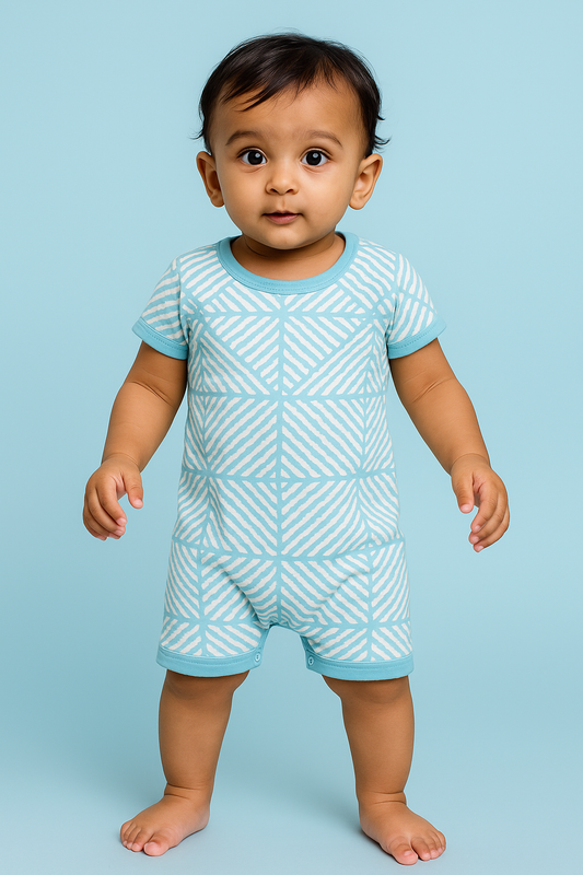 Baby Boy Romper – Cool Aqua Geometric Leaf Print with Snap Button Closure