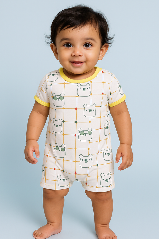 Baby Boy Half Sleeves Romper – Playful Bear Faces & Grid Print with Sunny Yellow Trim