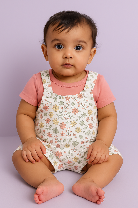 Baby Girls Half Sleeves Dungaree Set – White Floral Printed Dungaree with Soft Peach Tee