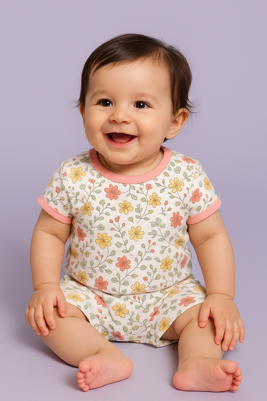 Baby Girl Co-ord Set 100% Soft Cotton Floral Print T-Shirt & Shorts - Peach