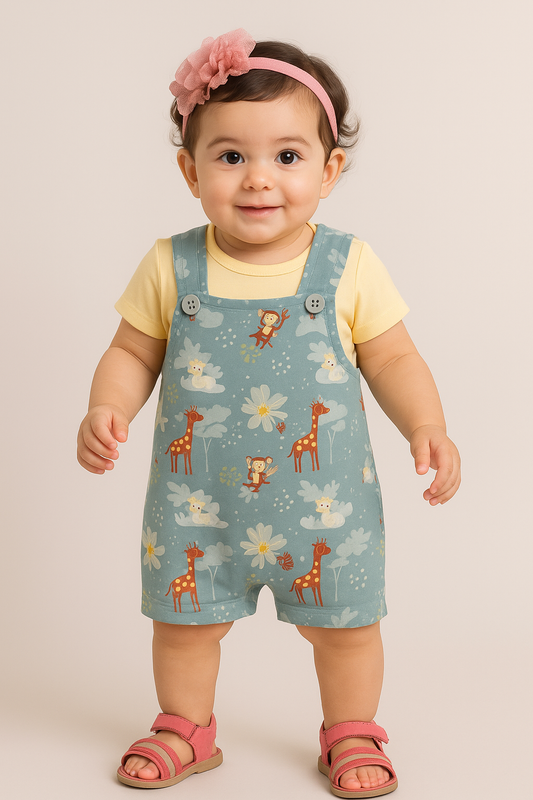 Baby Girls Jungle Safari Dungaree Set – Teal Animal Print with Yellow Tee