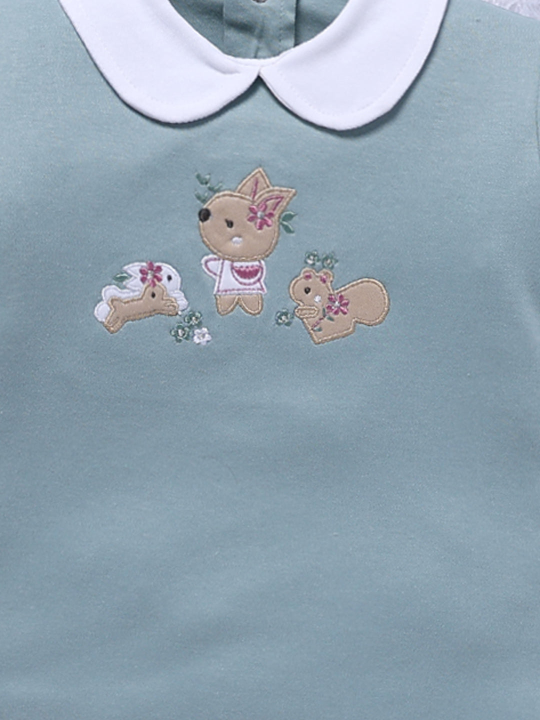Top & Bottom for Girls - Mint Green Animal Embroidered Top & Floral Trousers Set