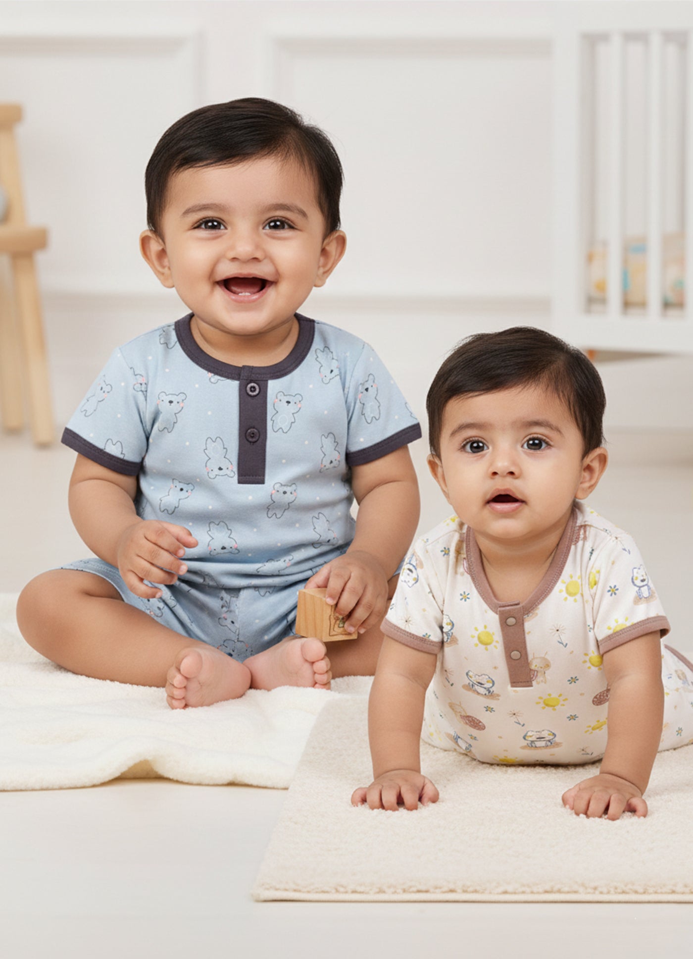Half Sleeve Top & Bottom for Boys - Slate Grey & Beige