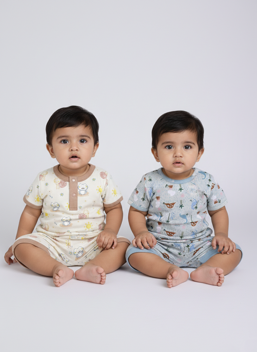 Half Sleeve Top & Bottom for Boys - Pista Green & Beige