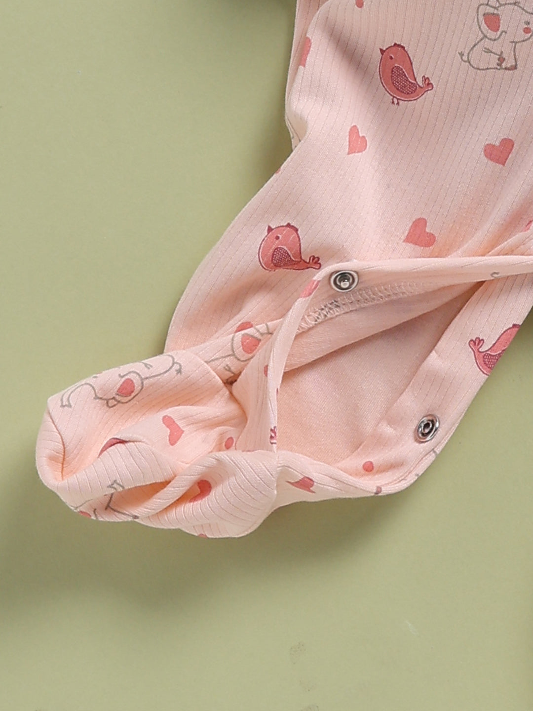 Full Sleeve Romper for Girls – Baby Pink Elephant & Bird Printed