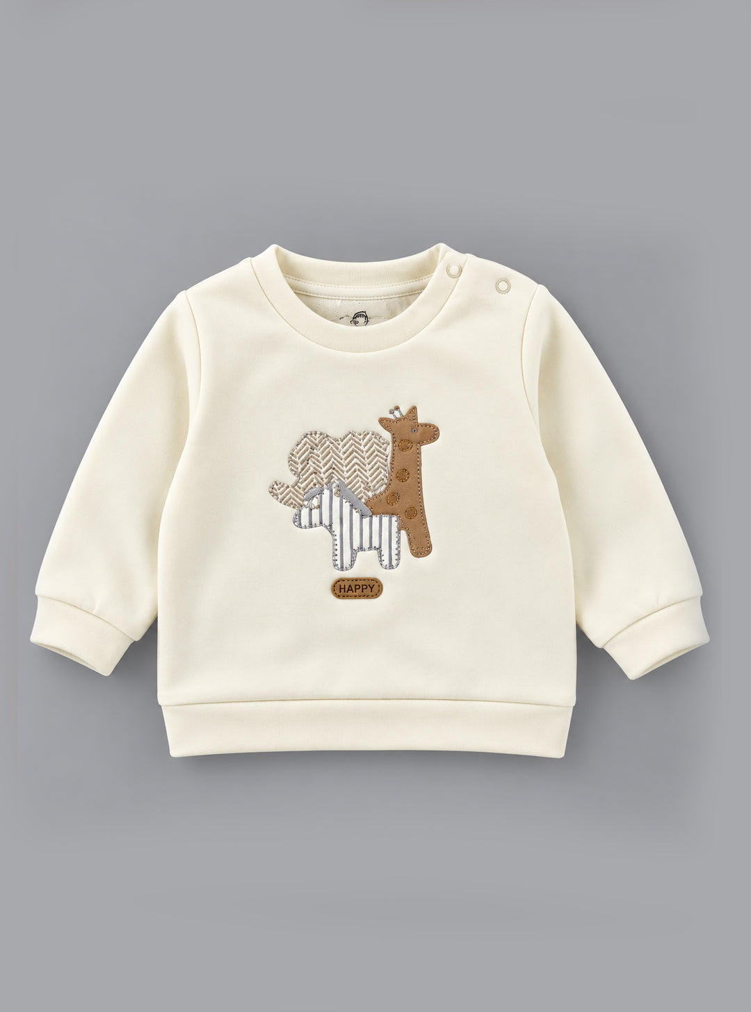 Safari Animal Embroidered Fleece-Lined Full Sleeve Top and Bottom for Boys - Off-White